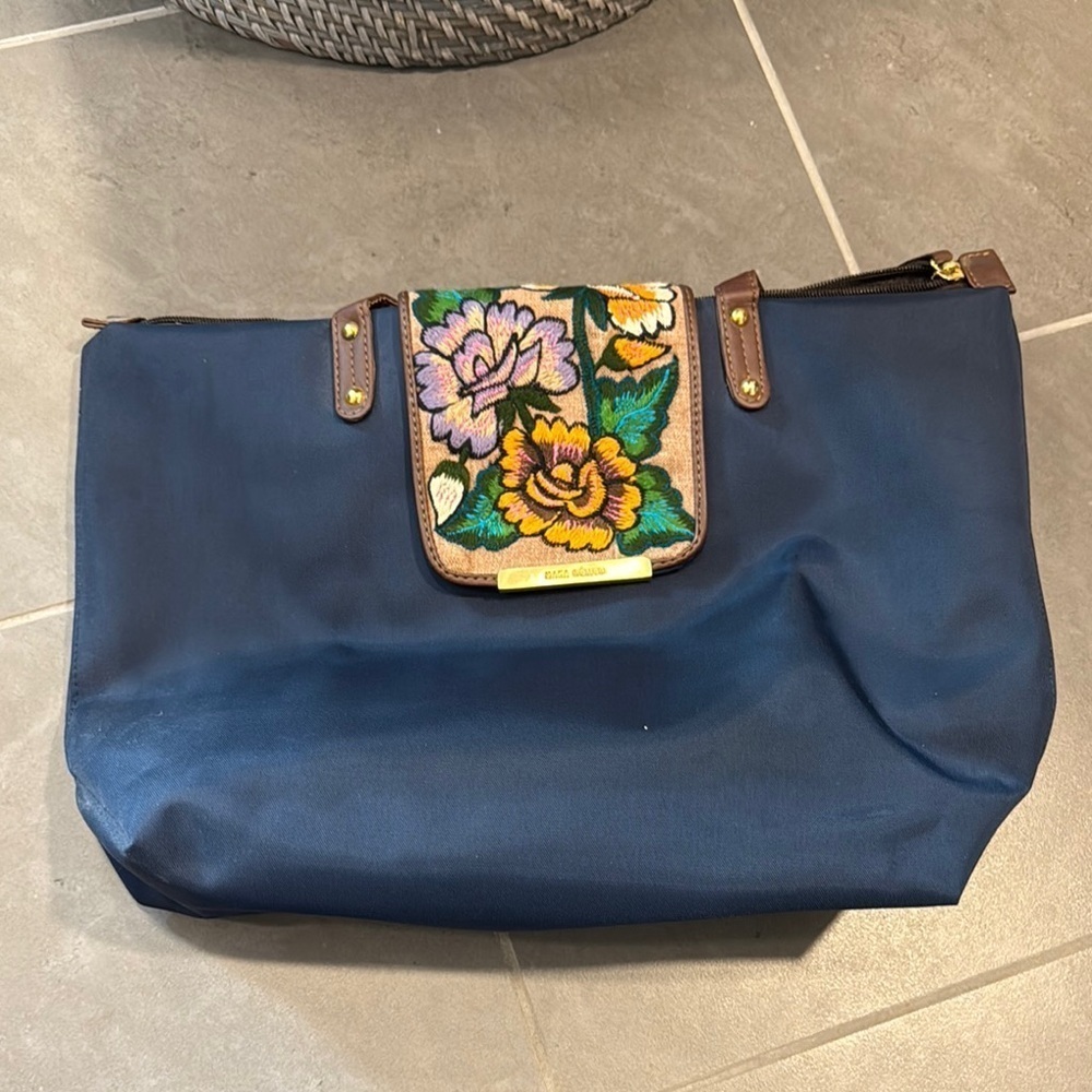 Navy Blue and Brown Floral Tote Bag with Leather Straps